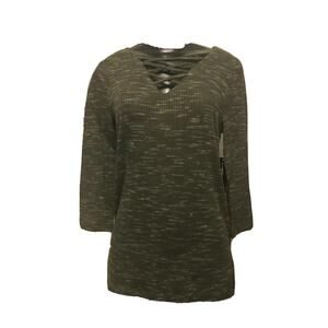 Small Allie and Rob Olive Sheer Light Weight Knit Sweater New Criss Cross Neck